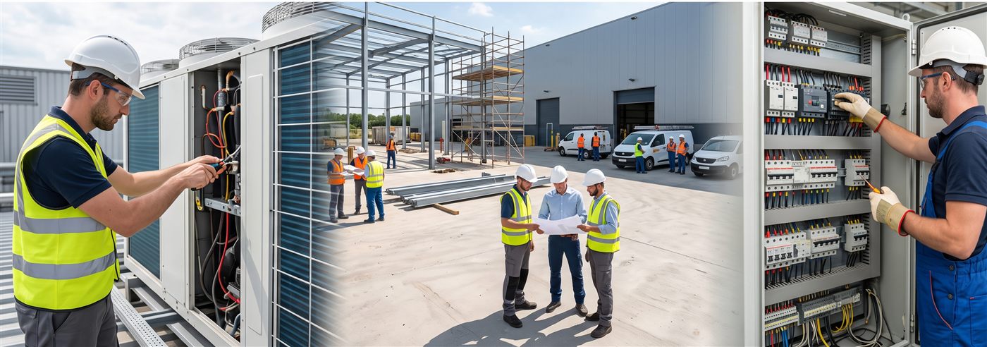 Equipo de A&R Soluciones Integrales dando mantenimiento a aire acondicionado, supervisando una obra y trabajando en un tablero eléctrico